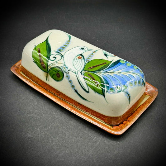 Ken Edwards Signed Mexican Tonala Pottery Butter Dish with Bird Motif