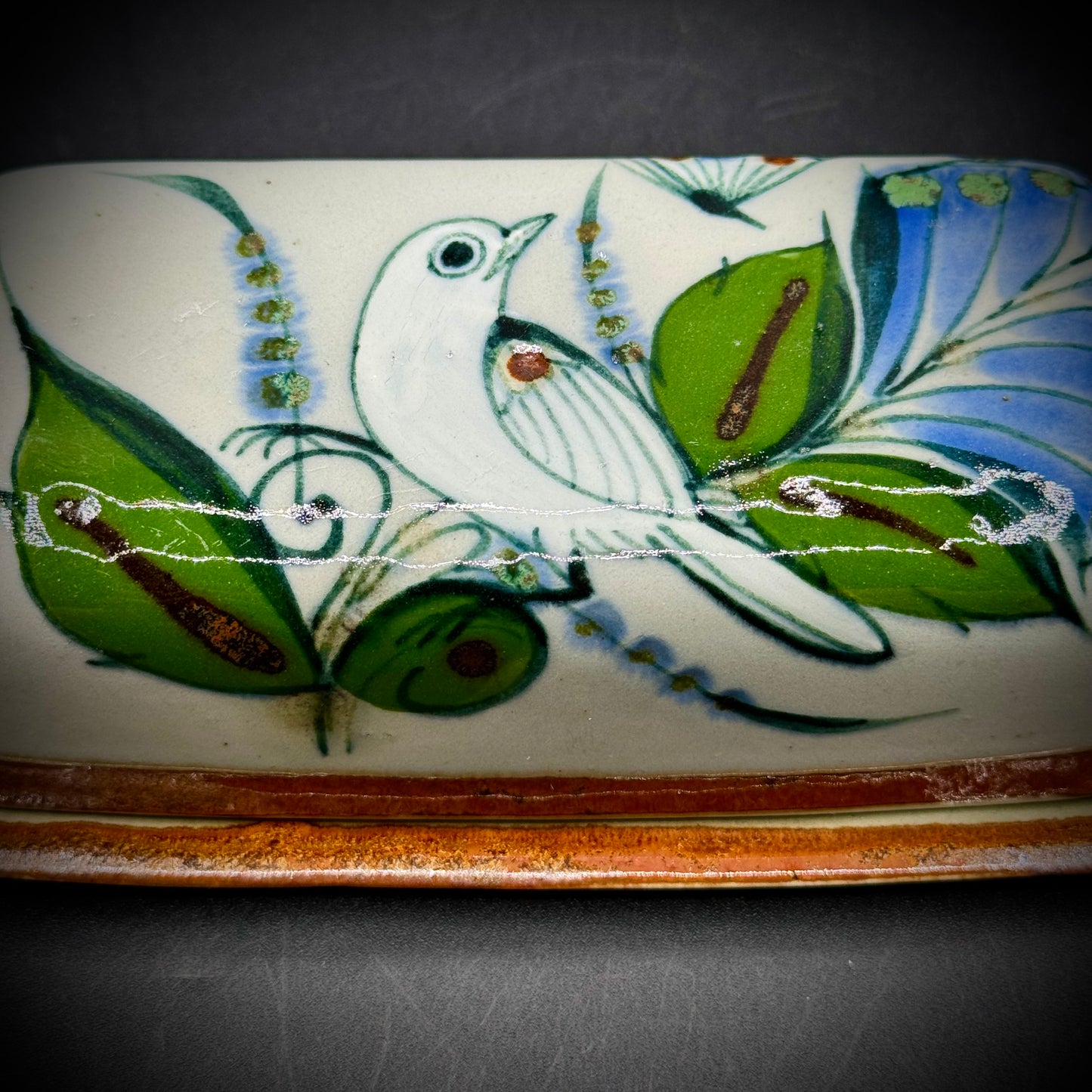 Ken Edwards Signed Mexican Tonala Pottery Butter Dish with Bird Motif