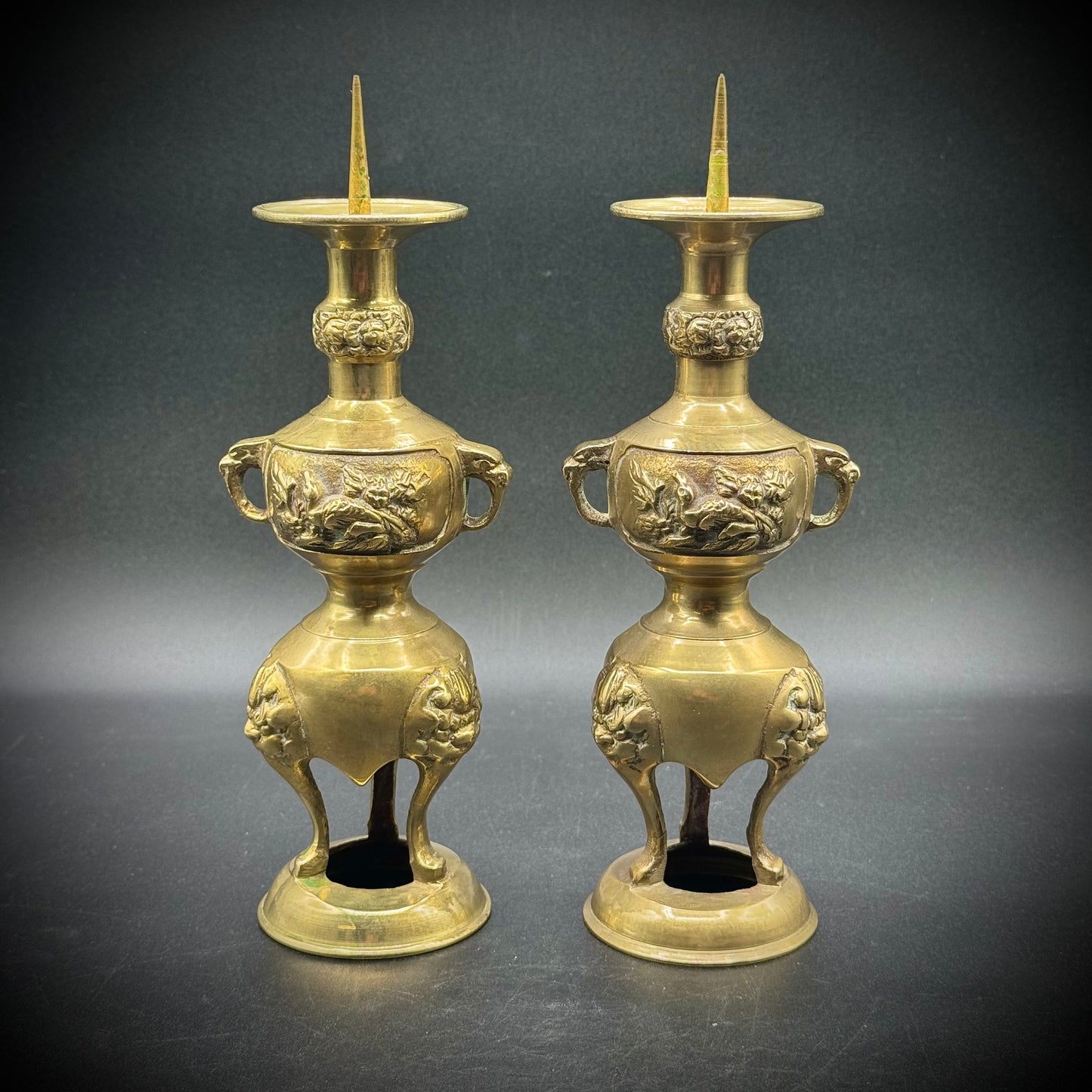 Pair of Meiji Era Brass Candlesticks with Peacock Motif - Made in Japan