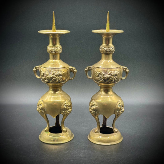 Pair of Meiji Era Brass Candlesticks with Peacock Motif - Made in Japan