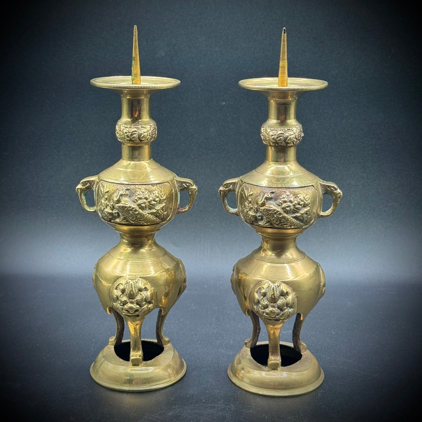 Pair of Meiji Era Brass Candlesticks with Peacock Motif - Made in Japan