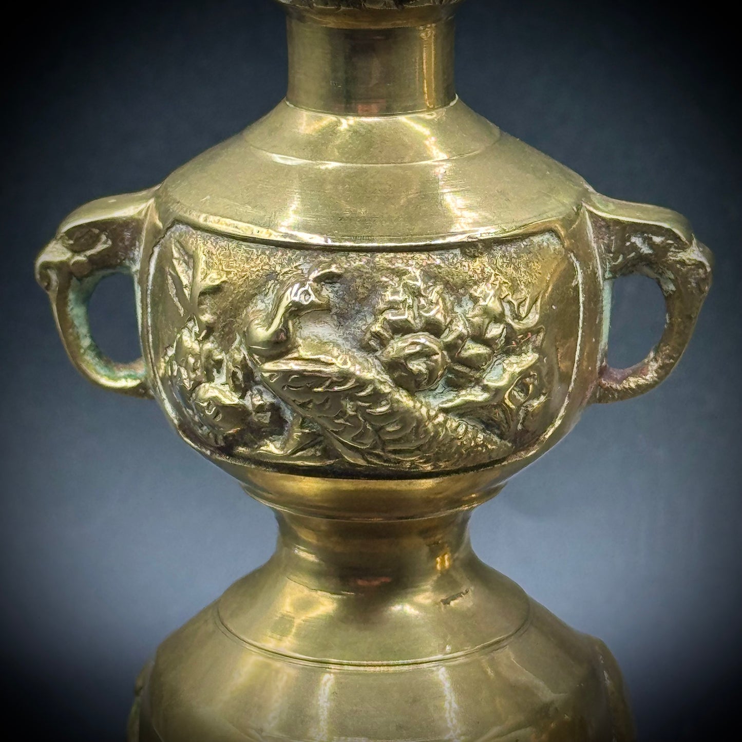 Pair of Meiji Era Brass Candlesticks with Peacock Motif - Made in Japan