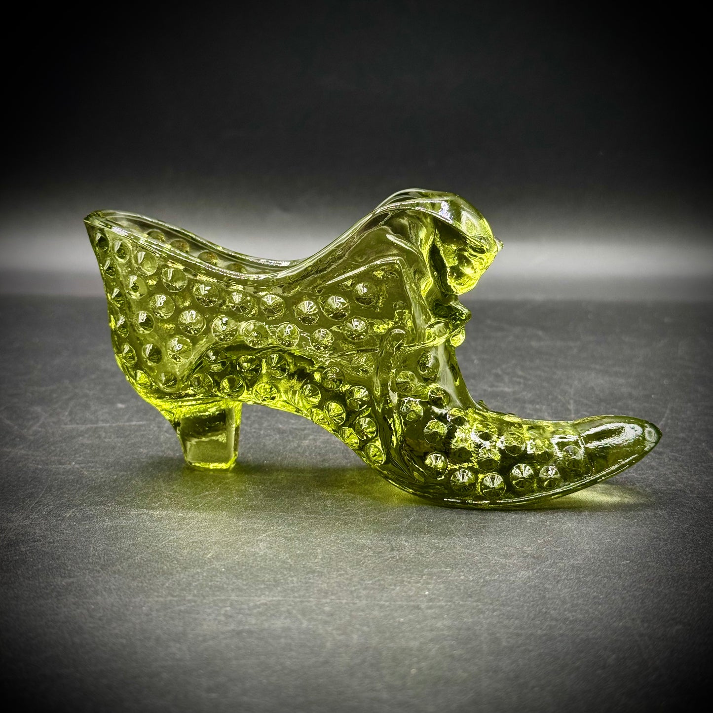 Vintage Fenton Hobnail Green Glass Shoe w/Cat Head