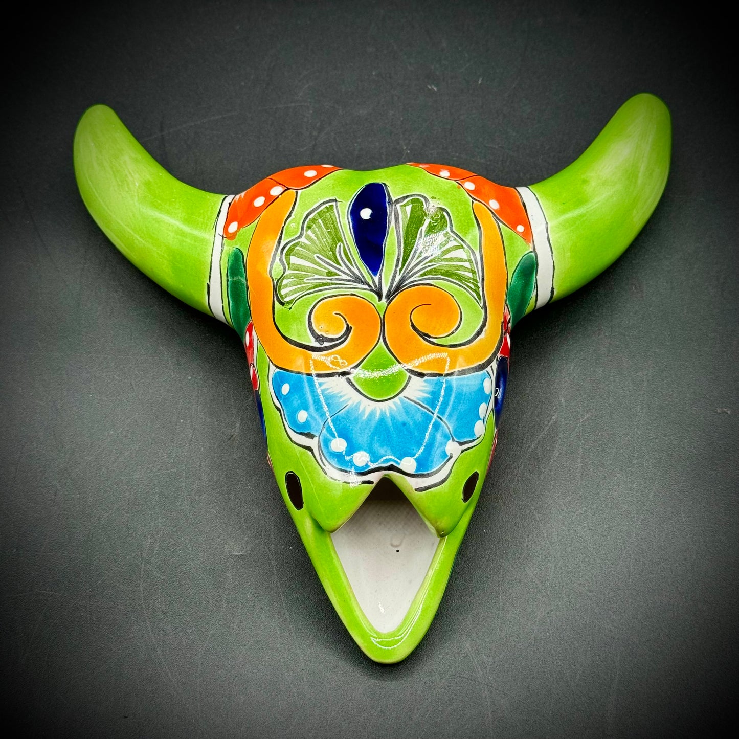 Colorful Talavera Mexican Pottery Cow Skull