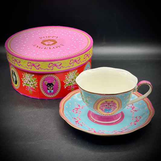 Whimsical & Adorable New Poppy Angeloff "Pups on Cups" Pomeranian Tea Cup & Saucer