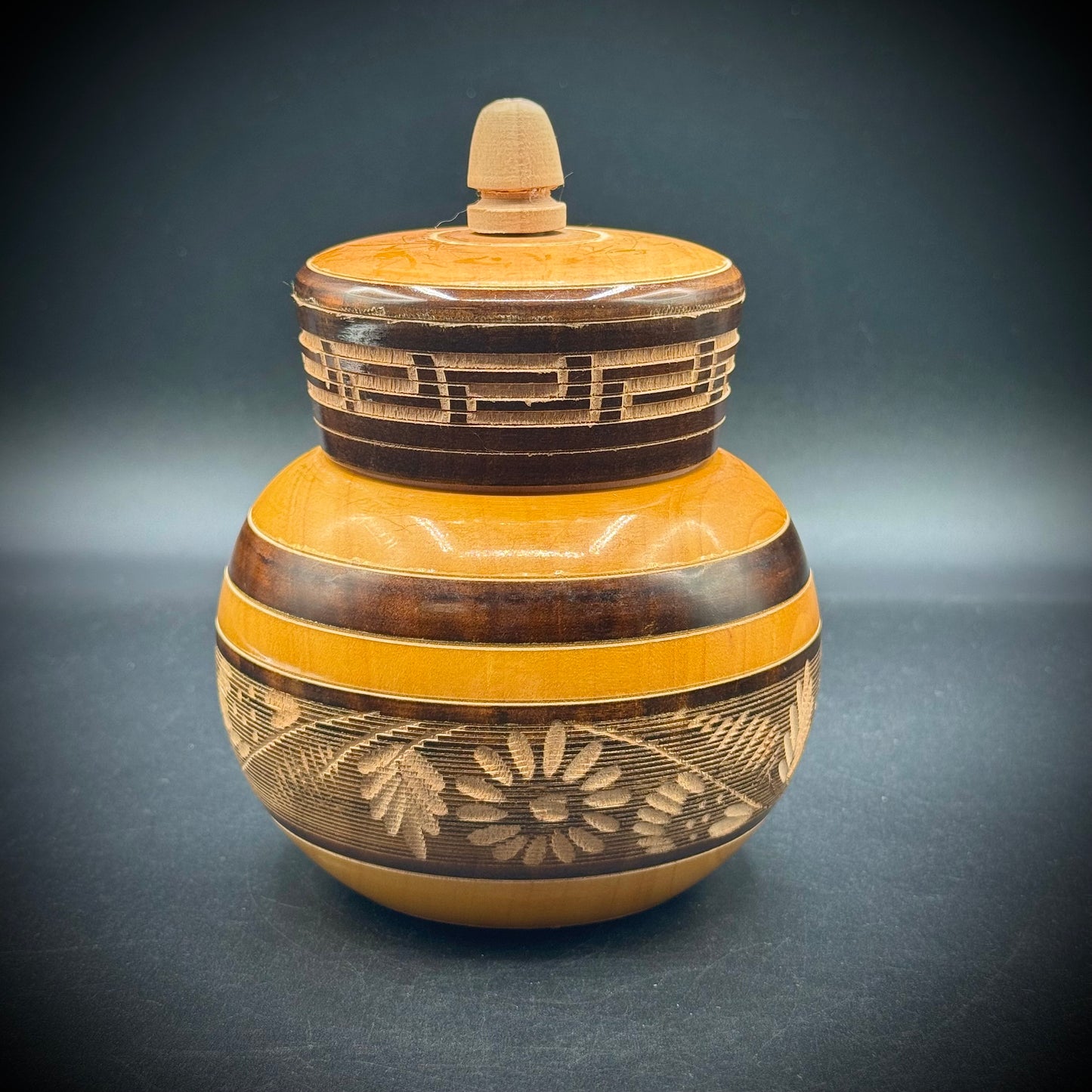 Hand Turned & Carved Lidded Wood Vessel
