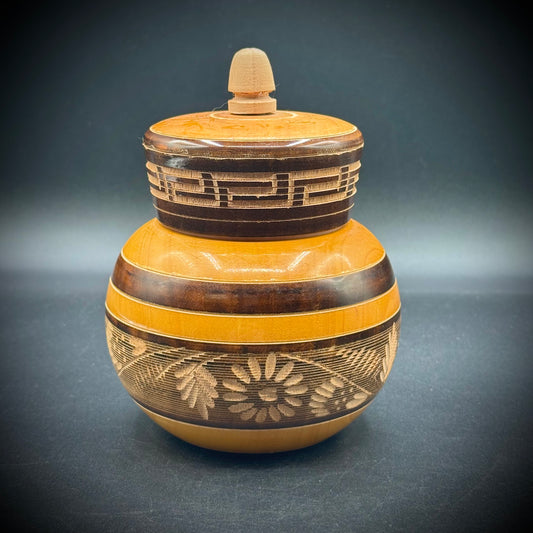 Hand Turned & Carved Lidded Wood Vessel