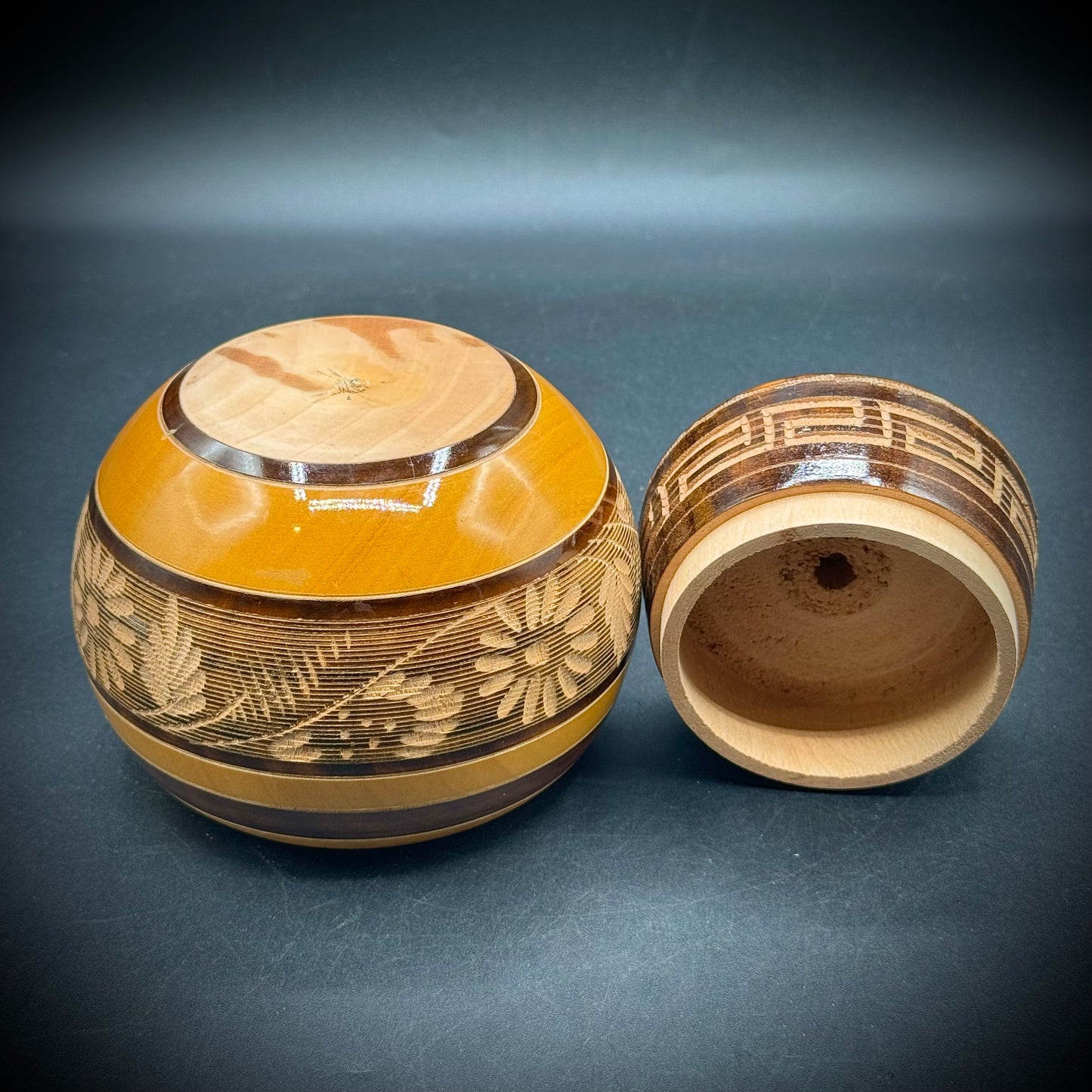 Hand Turned & Carved Lidded Wood Vessel