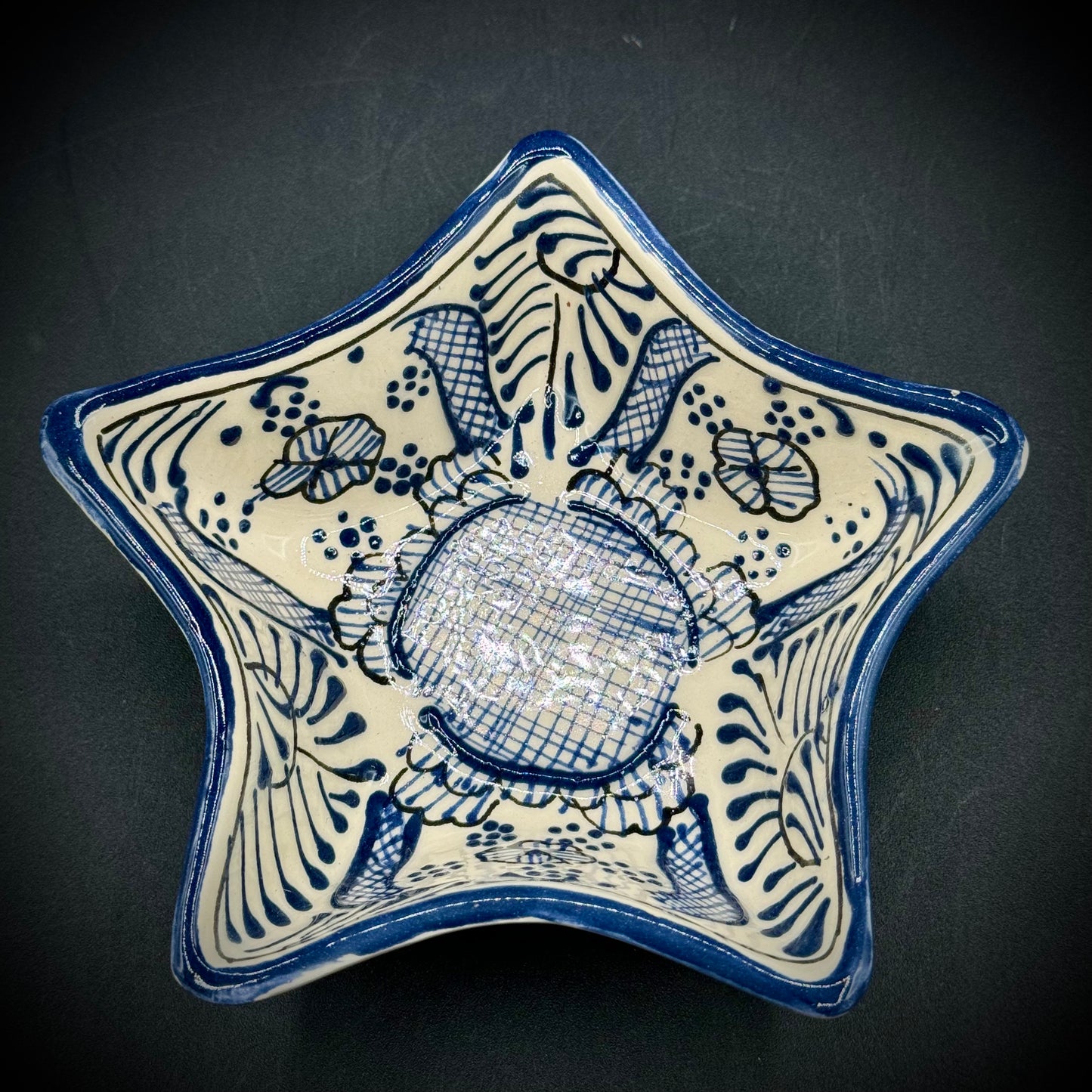 Stunning Mexican Artisan Pottery Star Dish Hand Painted by Needlepoint