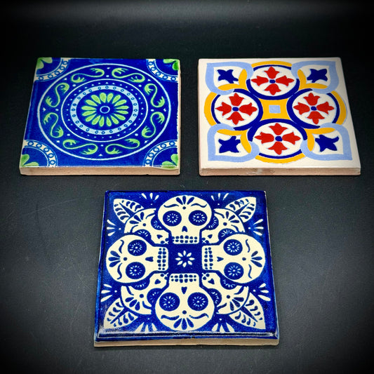 Set of 3 Medium Size Talavera Tiles with Dias de las Muertos