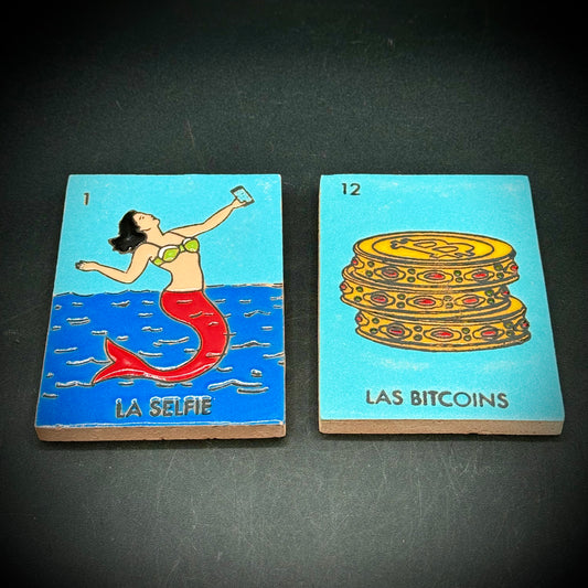 Pair of Lotería Millennial Themed Mexican Tiles