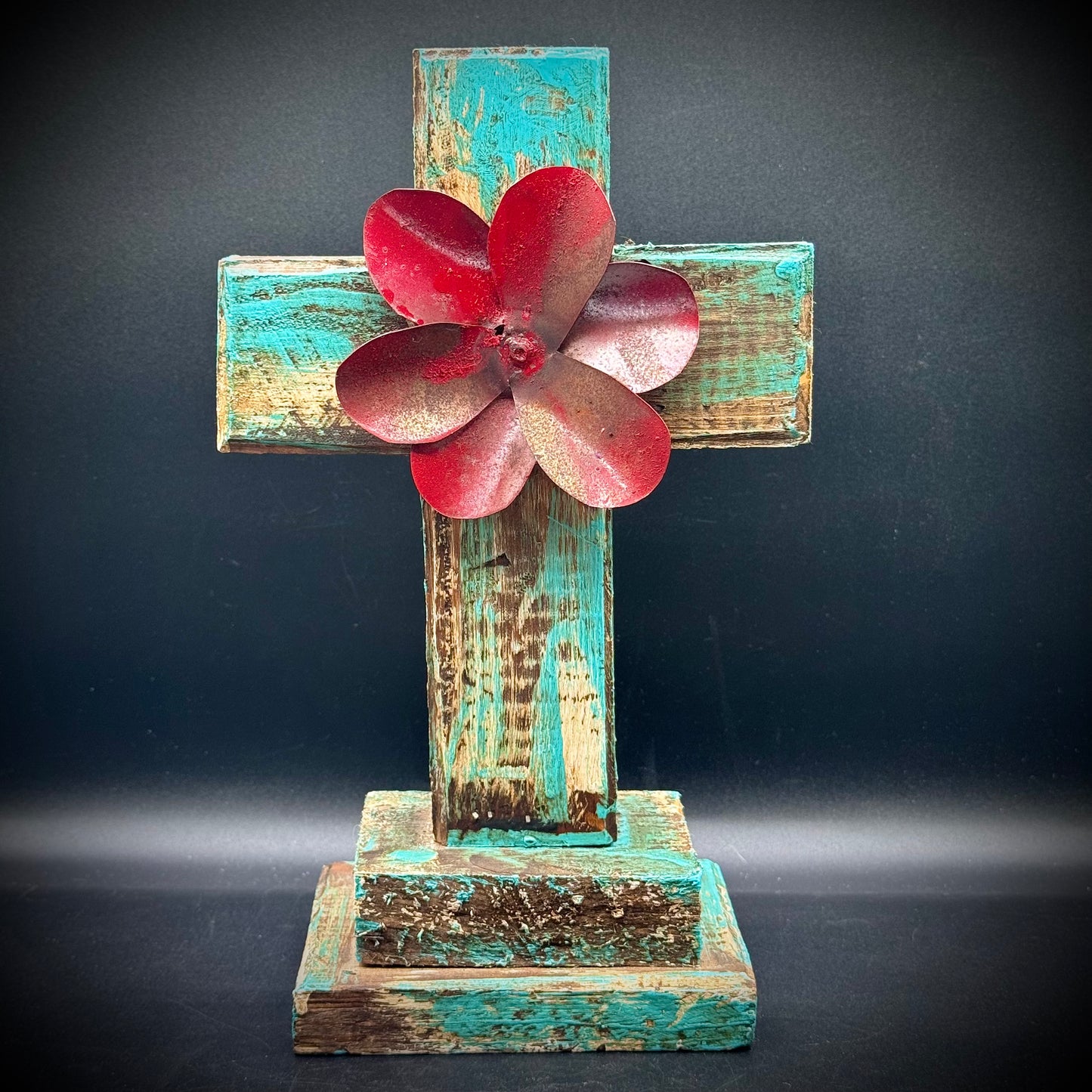Rustic Painted Wood & Metal Folk Art Style Cross