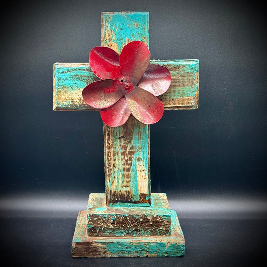 Rustic Painted Wood & Metal Folk Art Style Cross