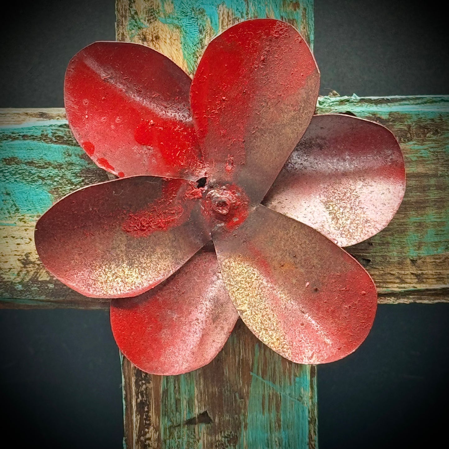 Rustic Painted Wood & Metal Folk Art Style Cross