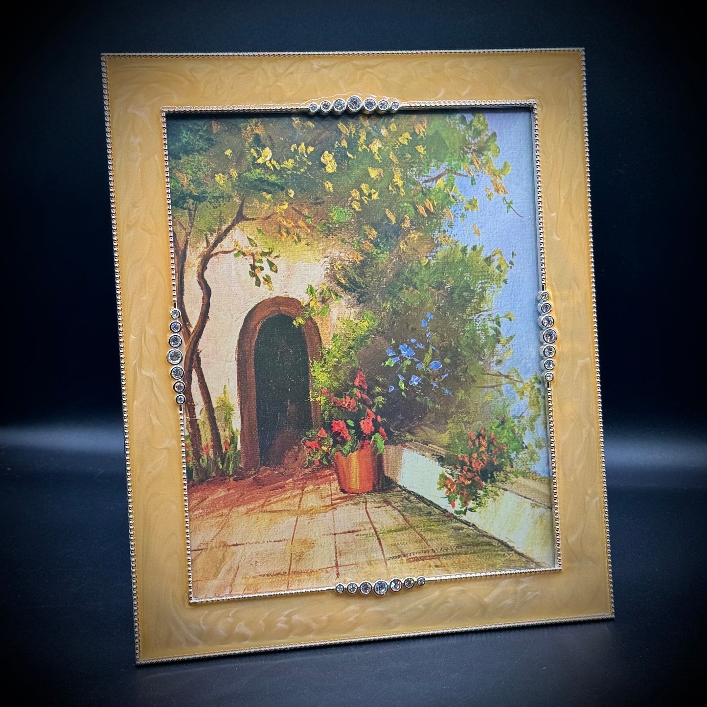 Large Enamel & Crystal Frame with Beautiful Vintage 1970s Print