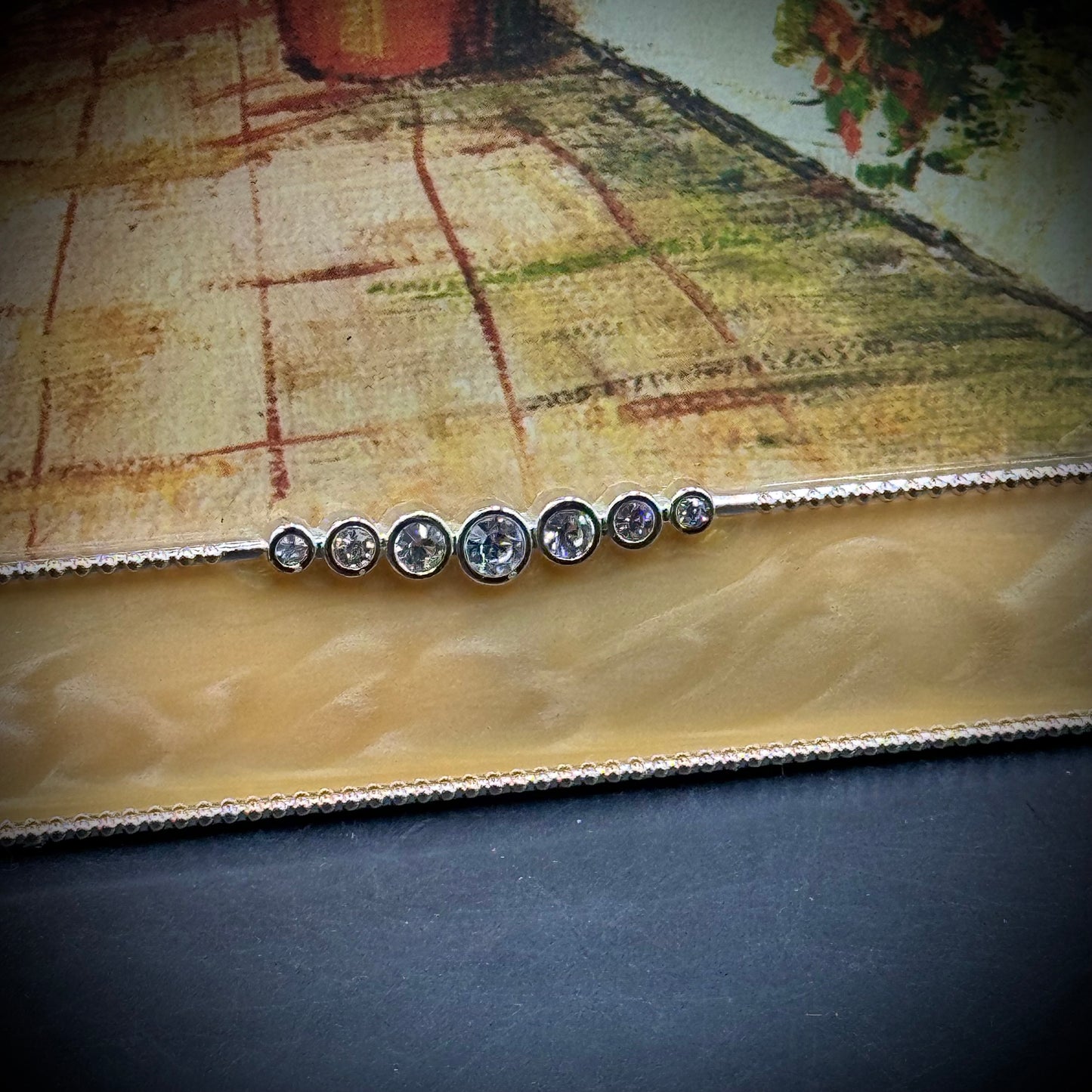 Large Enamel & Crystal Frame with Beautiful Vintage 1970s Print