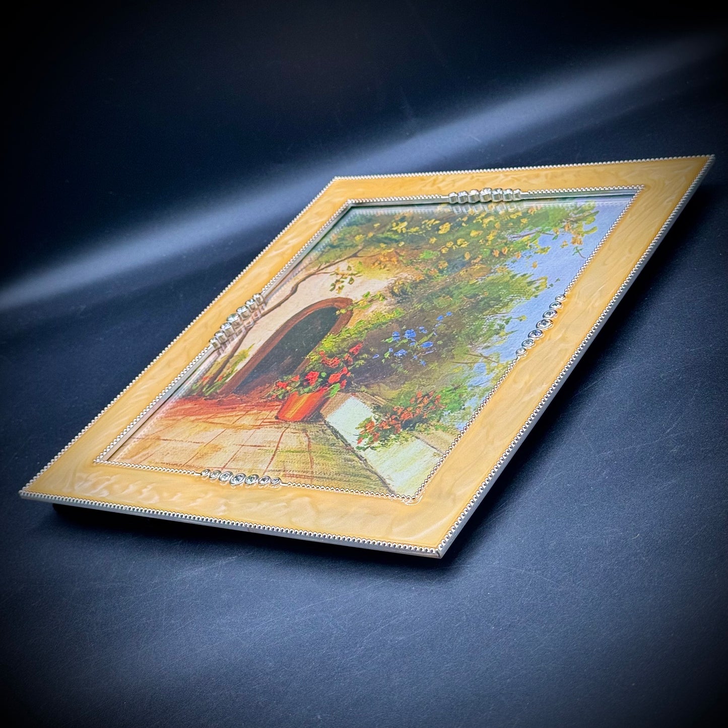Large Enamel & Crystal Frame with Beautiful Vintage 1970s Print