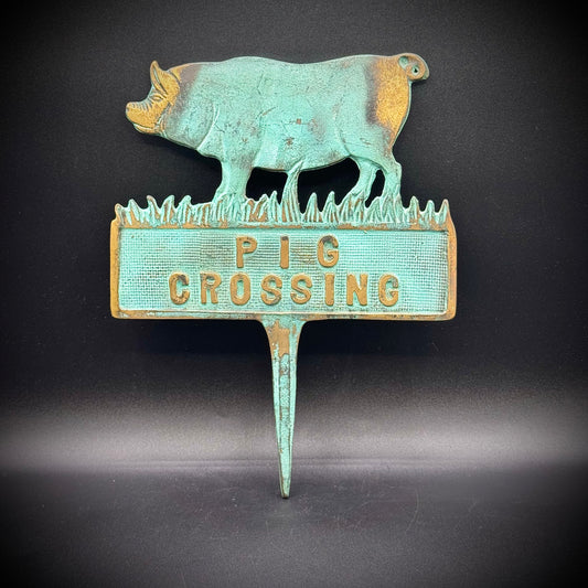 Vintage Heavy Brass & Copper Pig Crossing Stake Sign