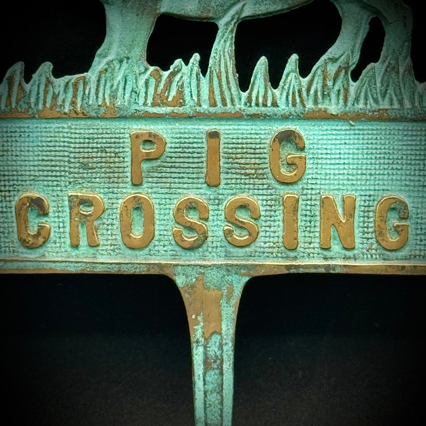 Vintage Heavy Brass & Copper Pig Crossing Stake Sign