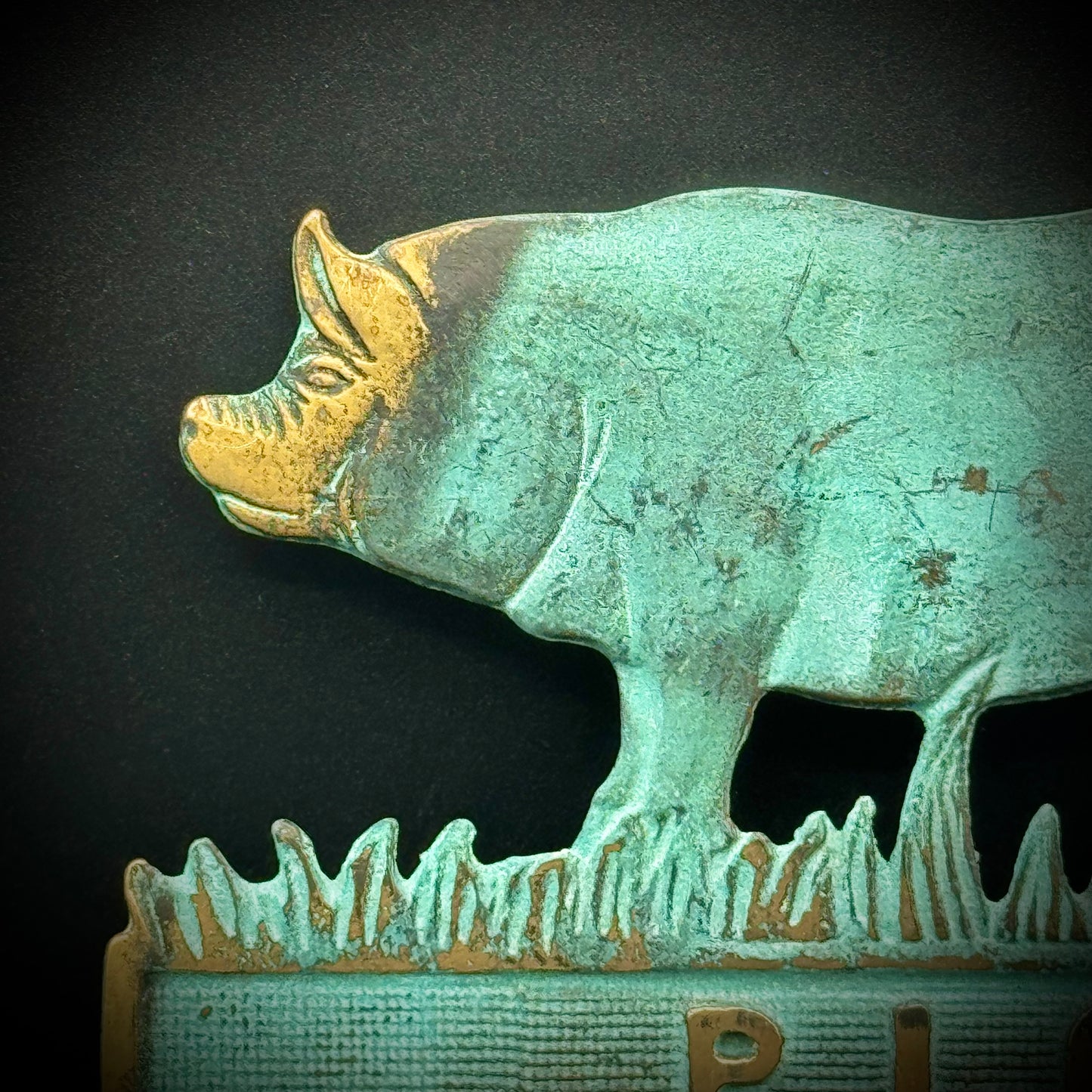 Vintage Heavy Brass & Copper Pig Crossing Stake Sign