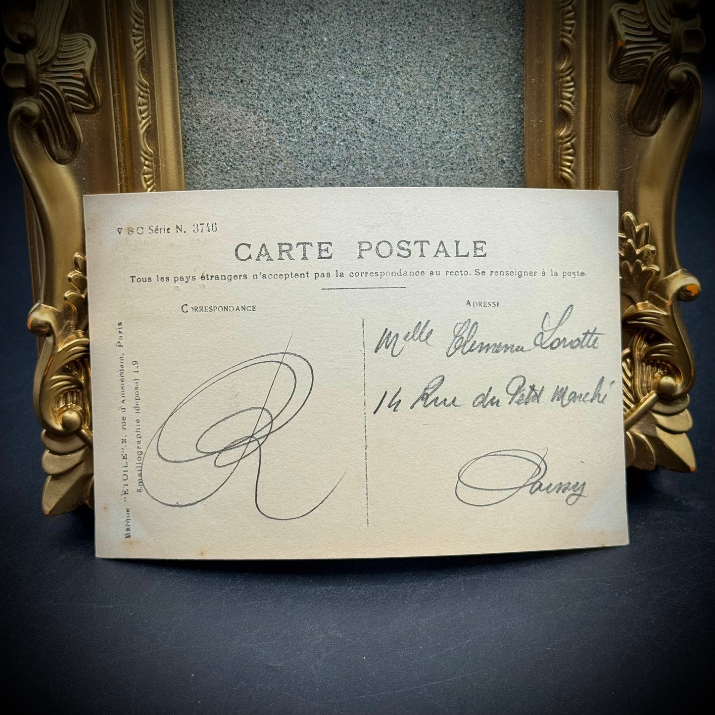 Gold Ornate Frame with Antique French Dog Postcard