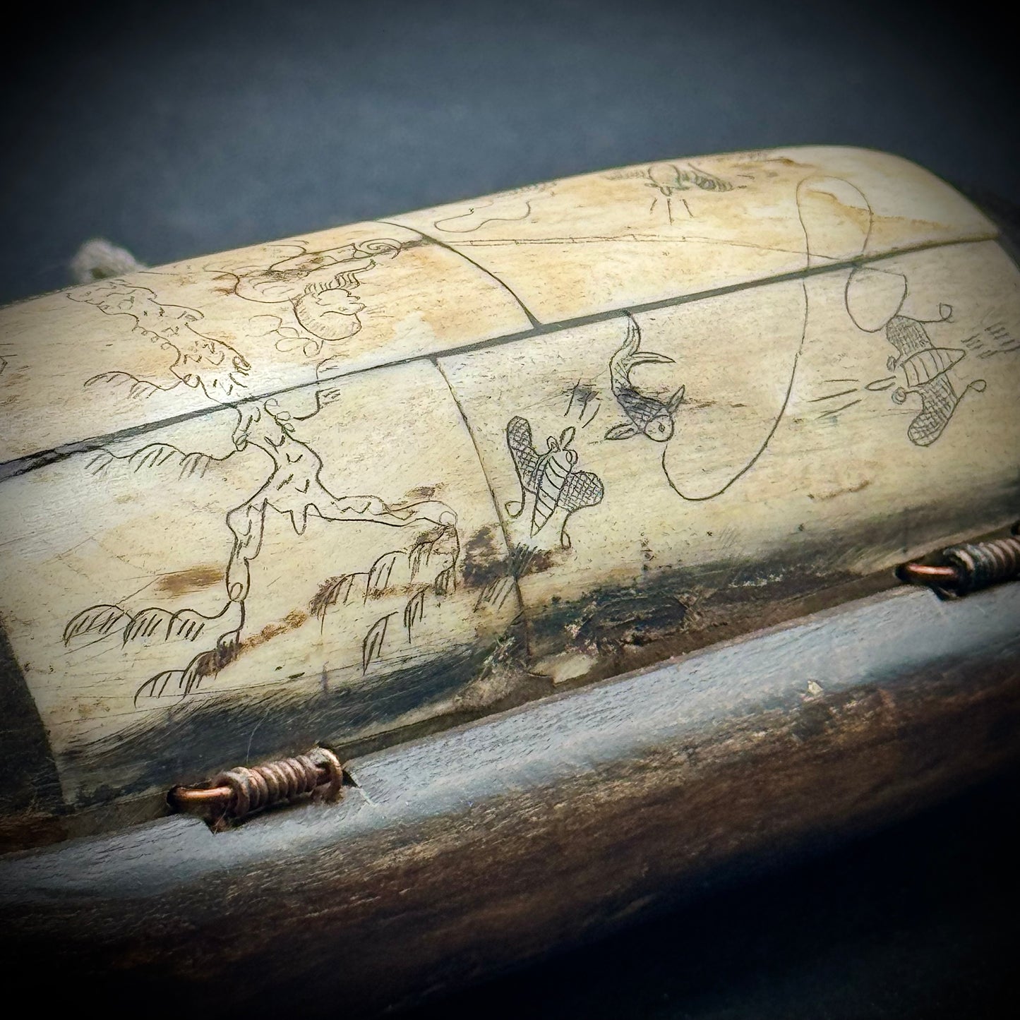 Vintage Carved Bone & Wood Box