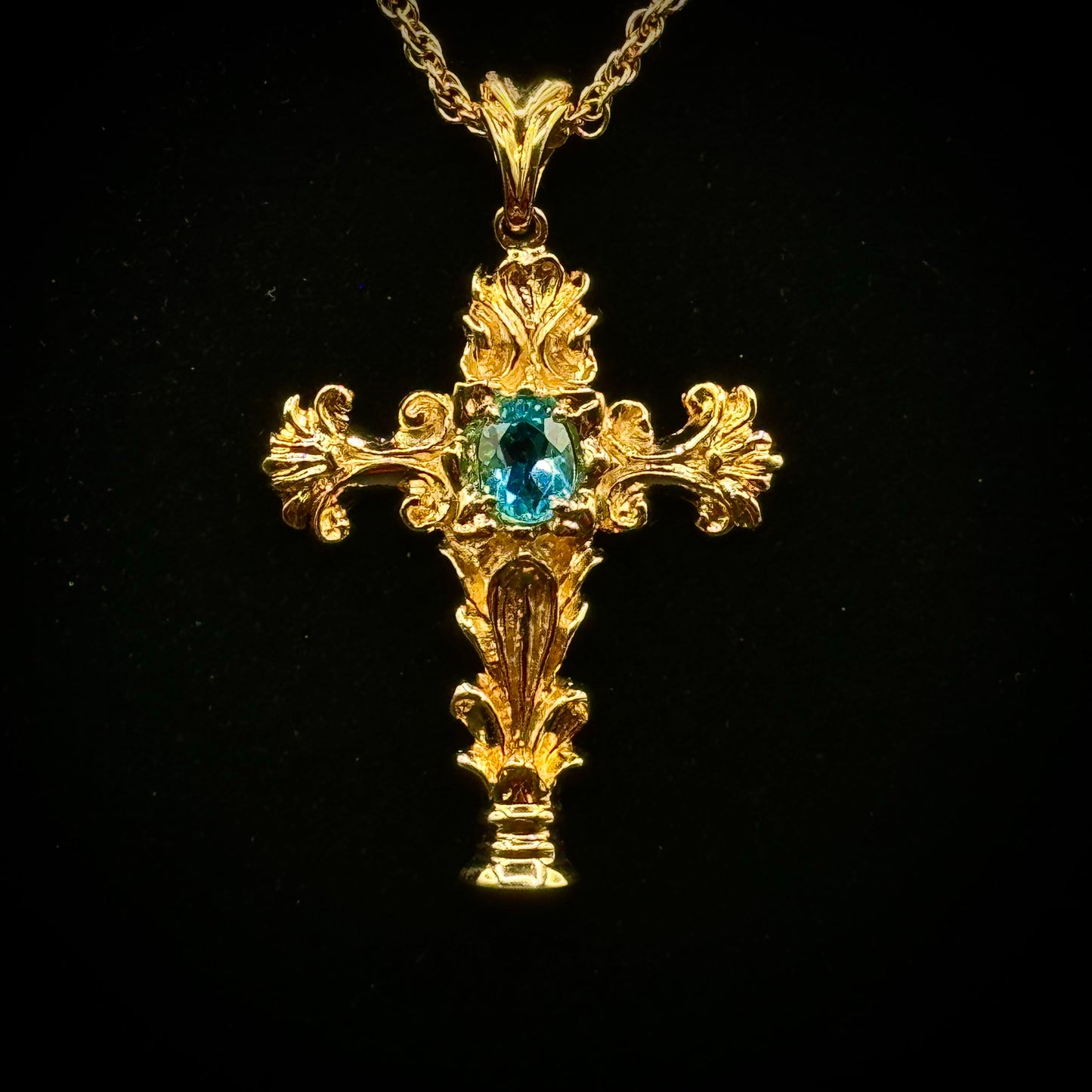 Stunning Ornate Sterling Silver Cross Necklace with Aquamarine