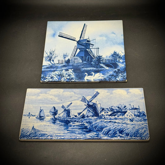 Pair of Vintage Delft Holland Tiles - Windmill & Swan Motifs
