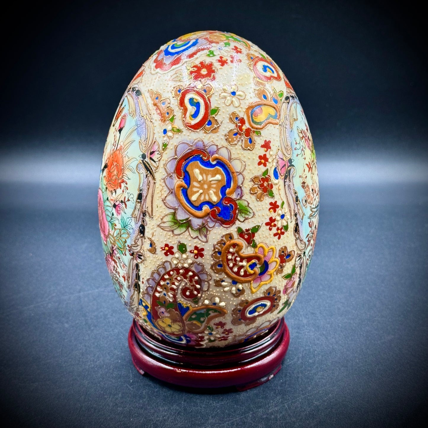 Vintage Hand Painted Satsuma Porcelain Peacock Egg w/Base