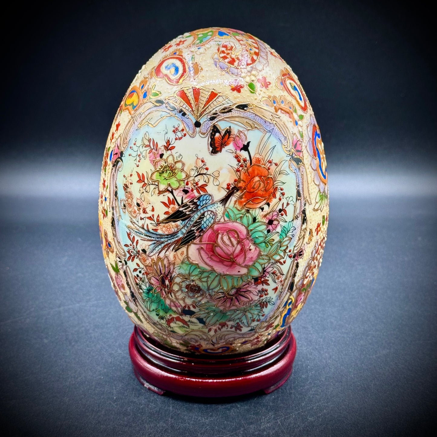 Vintage Hand Painted Satsuma Porcelain Peacock Egg w/Base