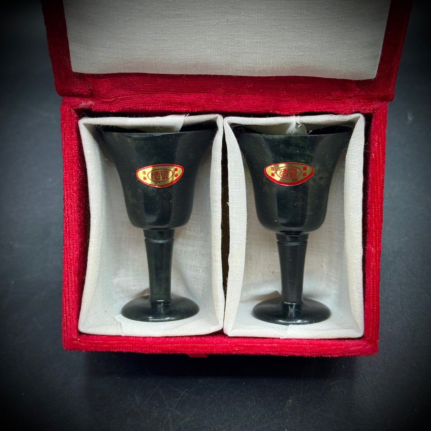 Vintage 1960s Spinach Jade Cups with Original Labels
