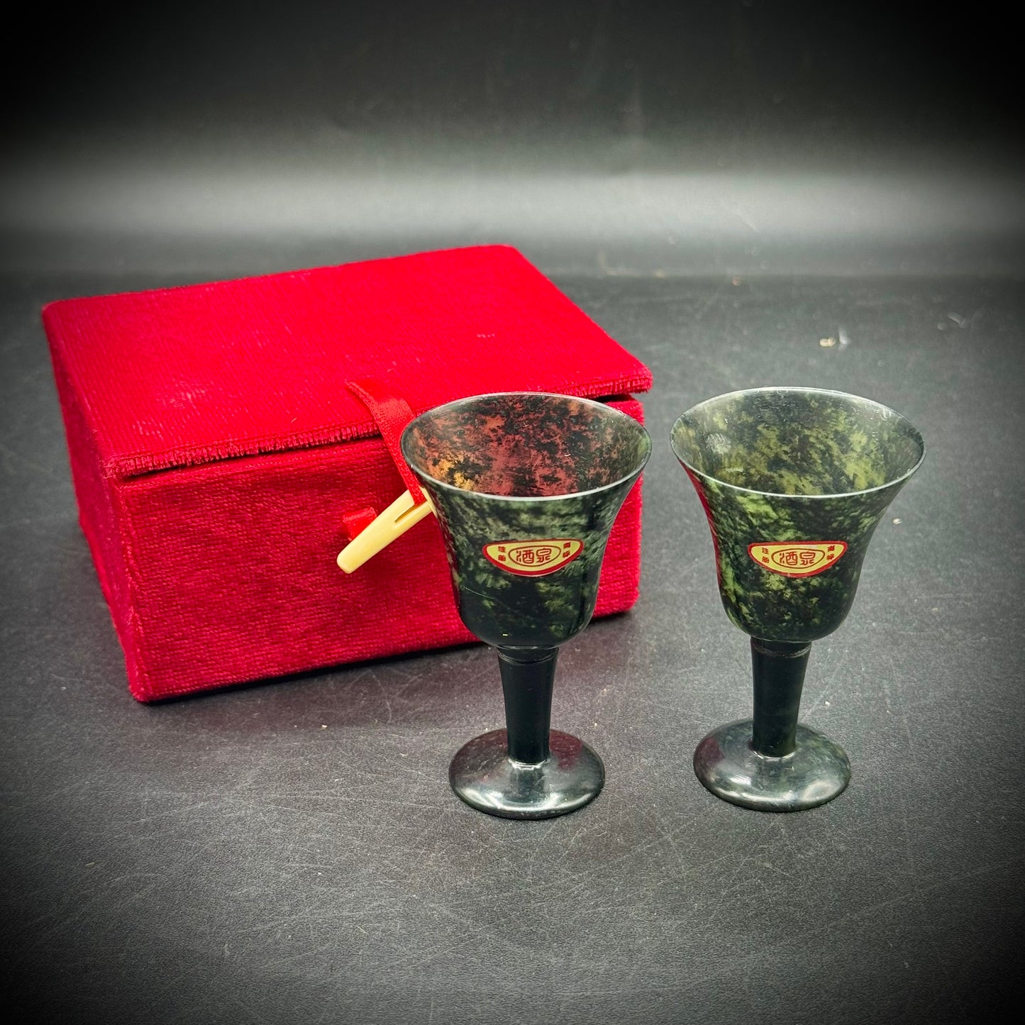 Vintage 1960s Spinach Jade Cups with Original Labels