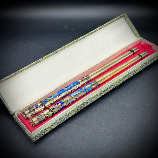 Vintage Cloisonné Two Chopsticks Set in Original Box