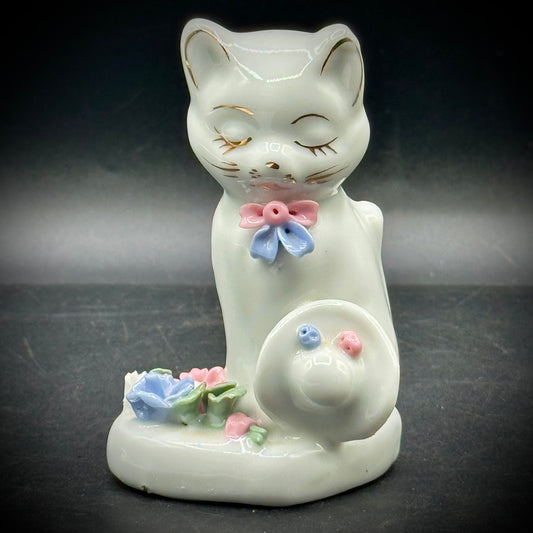 Vintage Porcelain Cat with Flowers Figurine