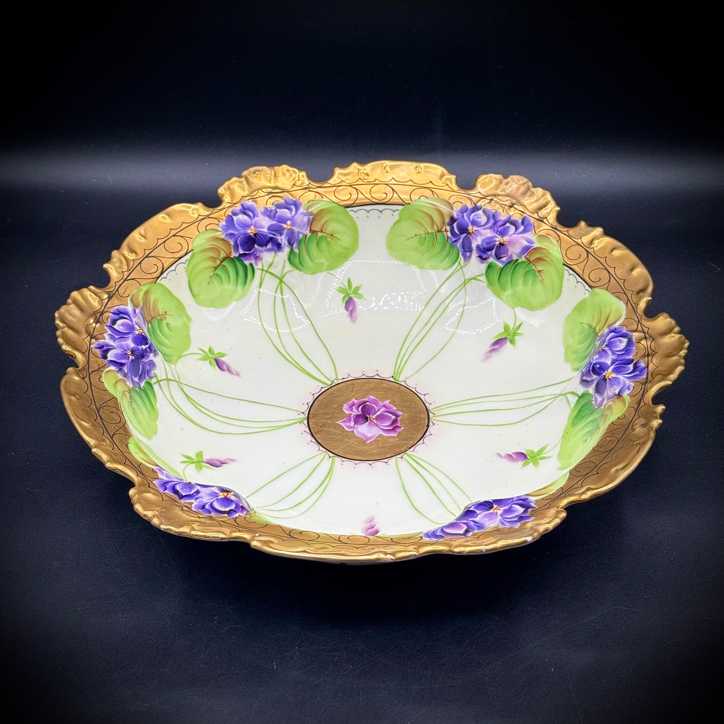 Antique Havilland France Signed Floral Bas Relief and Gold Accented Bowl