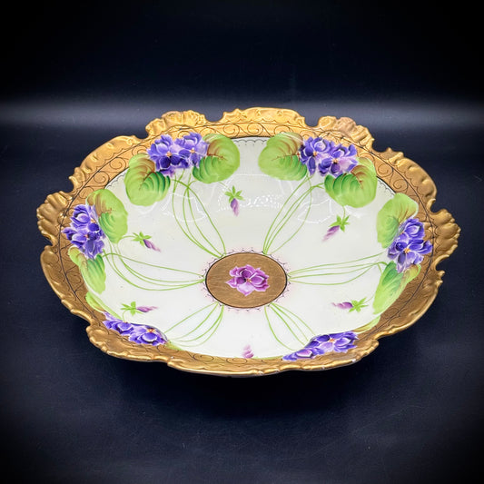 Antique Havilland France Signed Floral Bas Releif and Gold Accented Bowl