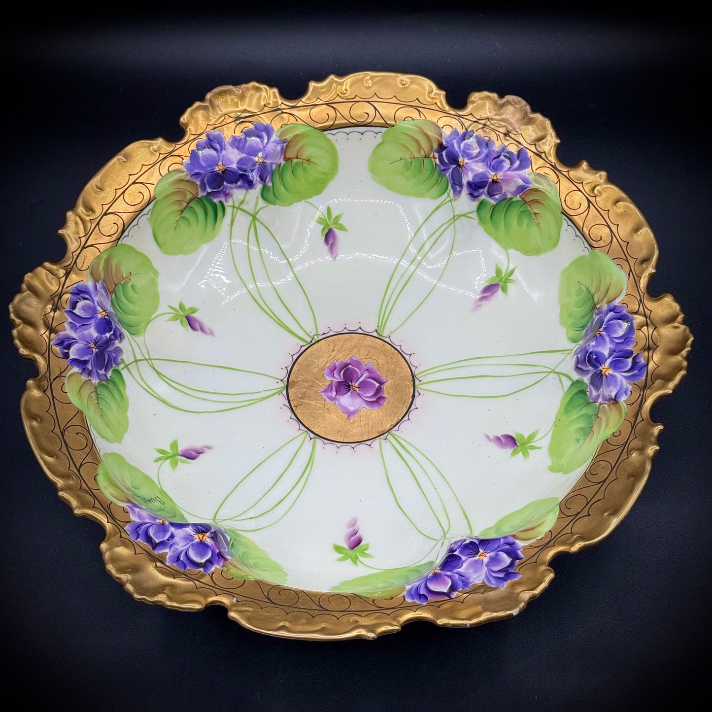 Antique Havilland France Signed Floral Bas Relief and Gold Accented Bowl