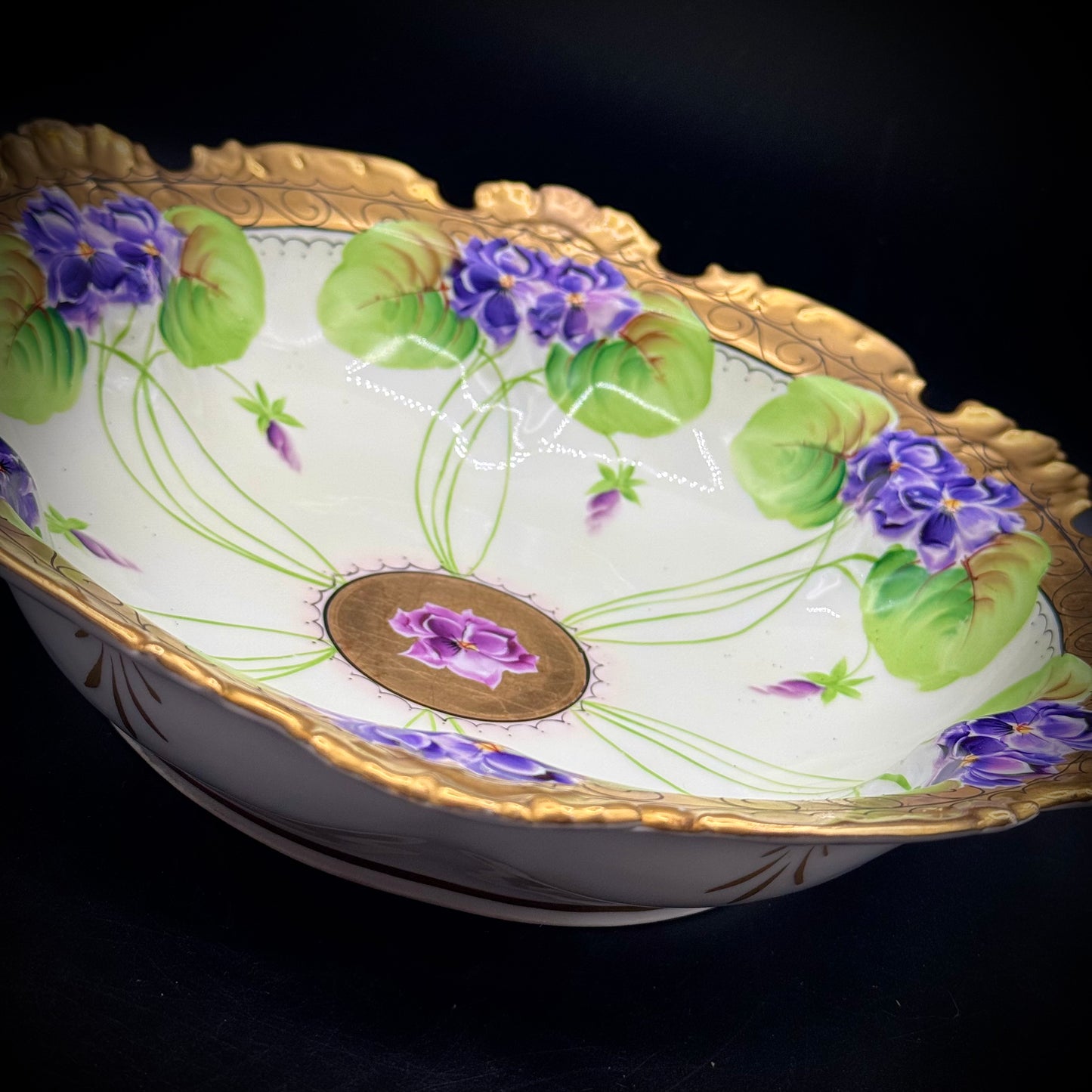 Antique Havilland France Signed Floral Bas Relief and Gold Accented Bowl