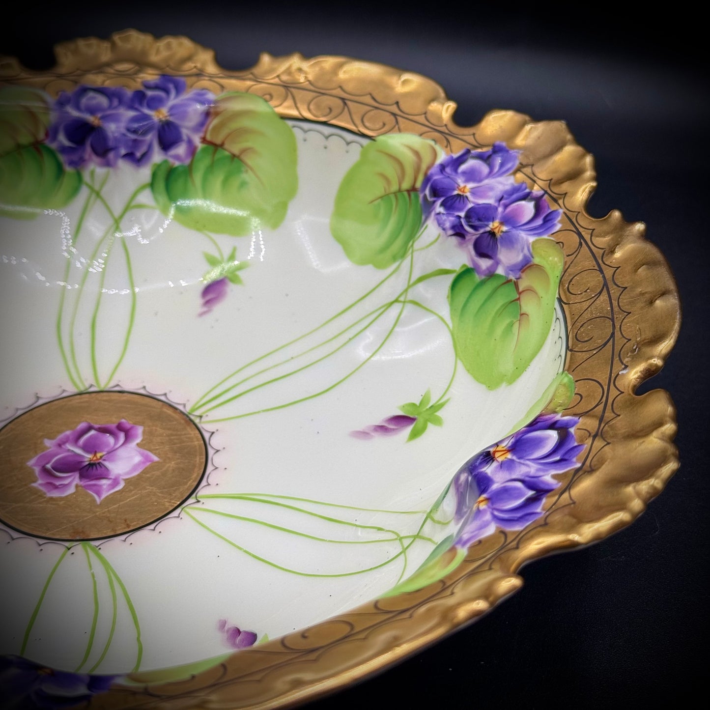 Antique Havilland France Signed Floral Bas Relief and Gold Accented Bowl