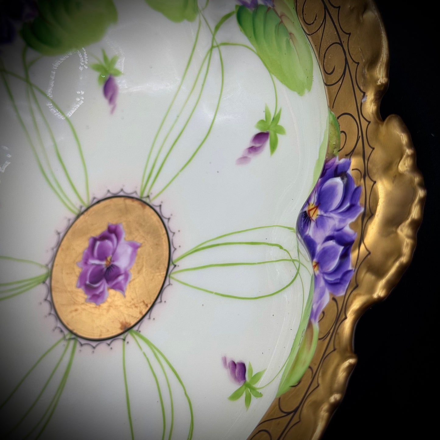 Antique Havilland France Signed Floral Bas Relief and Gold Accented Bowl