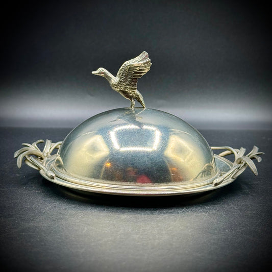 Antique Victorian Era Fois Gras Domed Serving Dish with Goose Motif - Marked 95% Silver