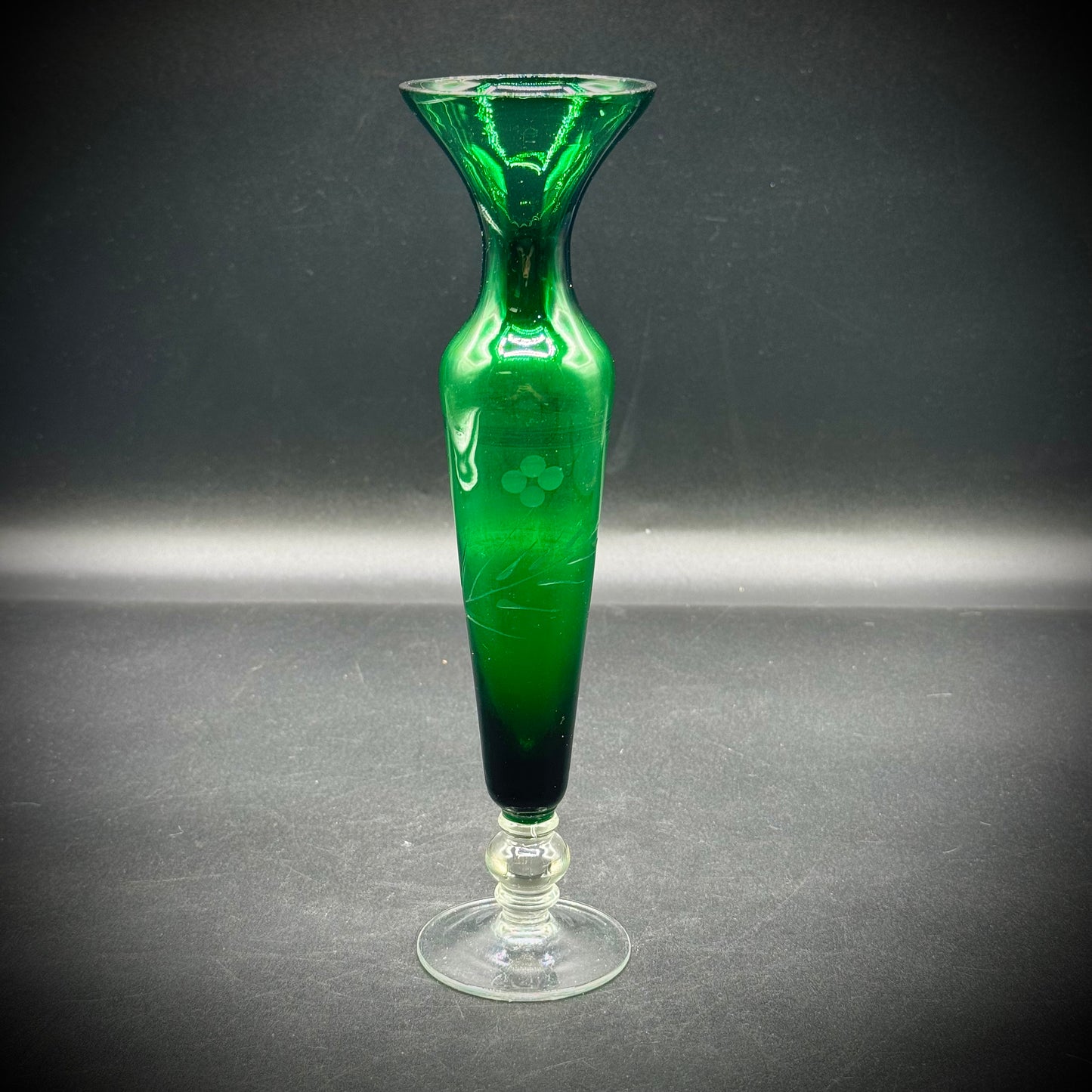 Vintage Emerald Green Etched Glass Vase