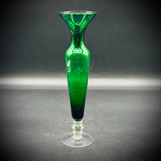 Vintage Emerald Green Etched Glass Vase