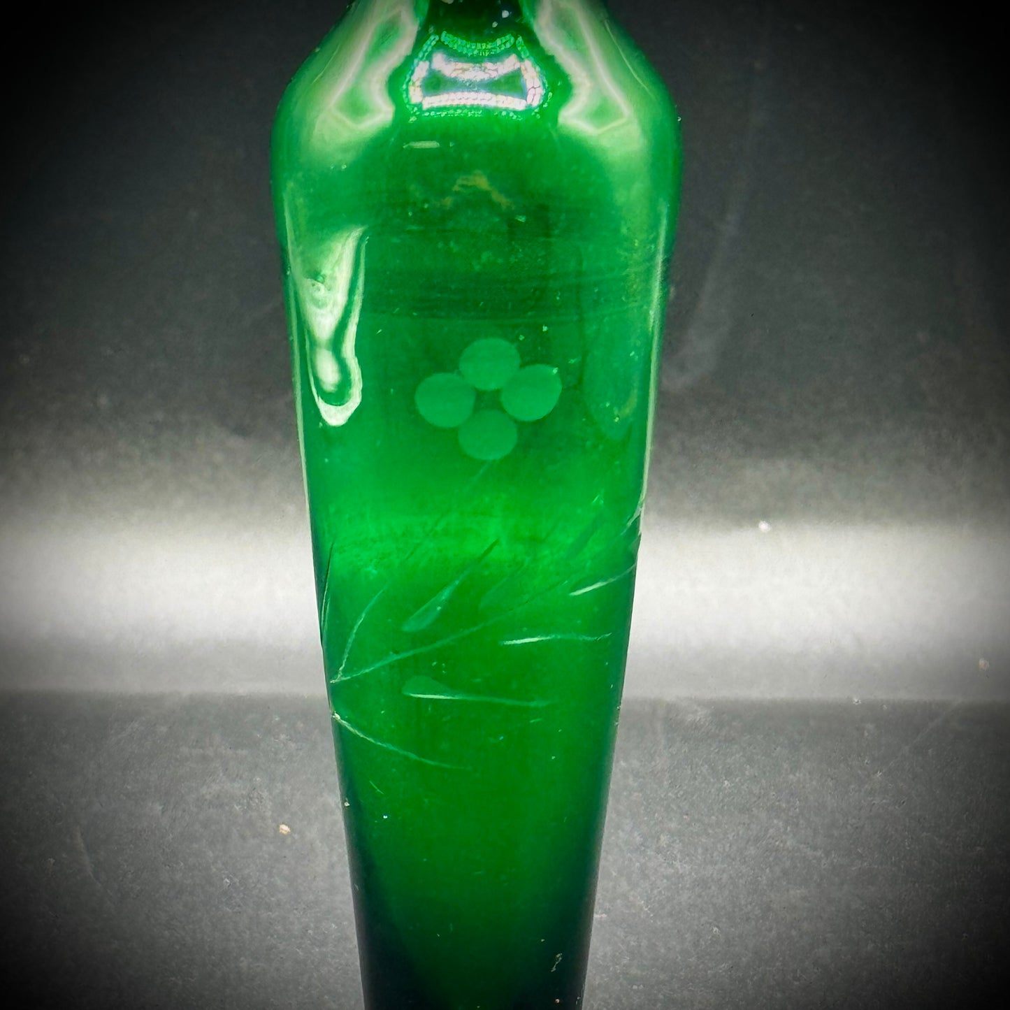 Vintage Emerald Green Etched Glass Vase
