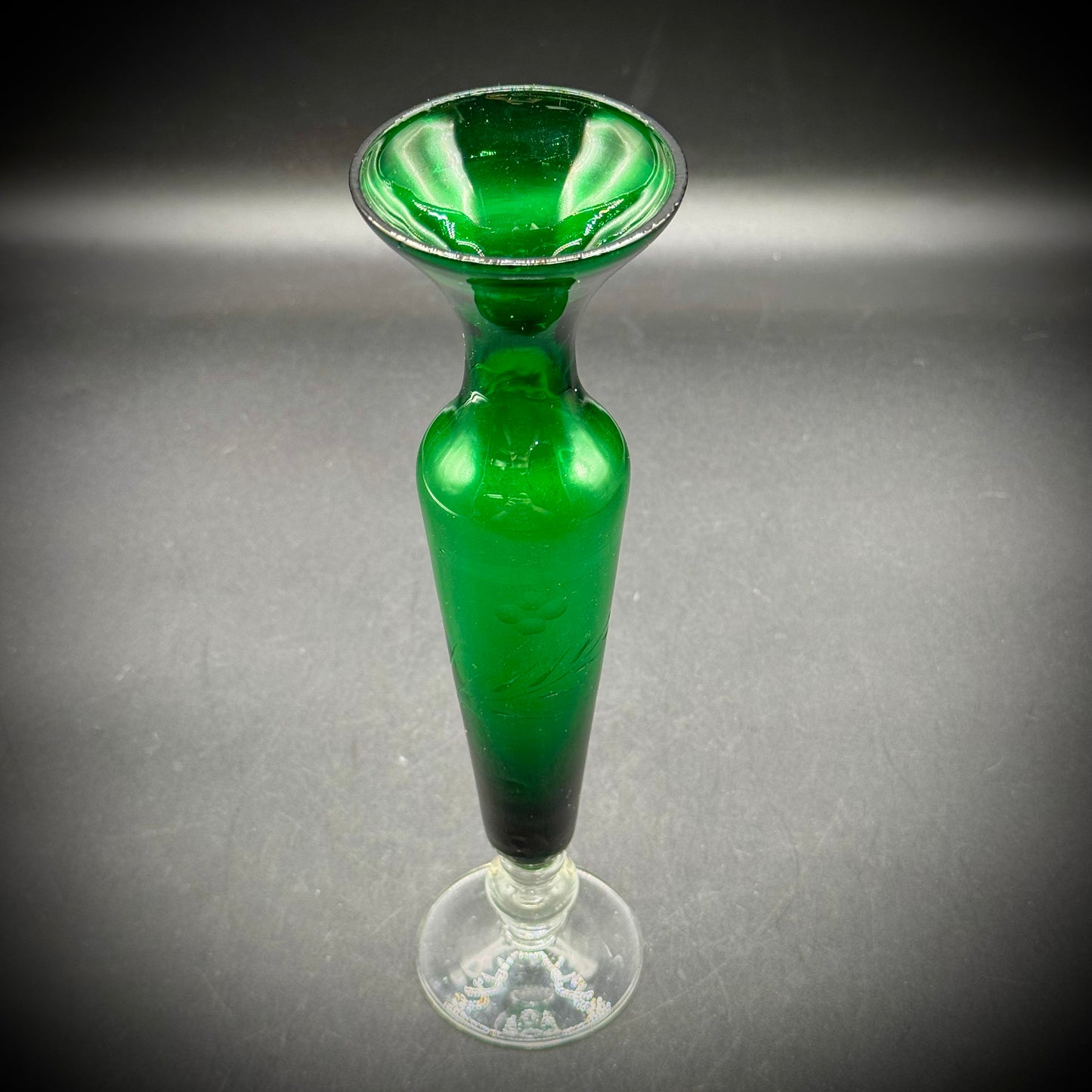 Vintage Emerald Green Etched Glass Vase