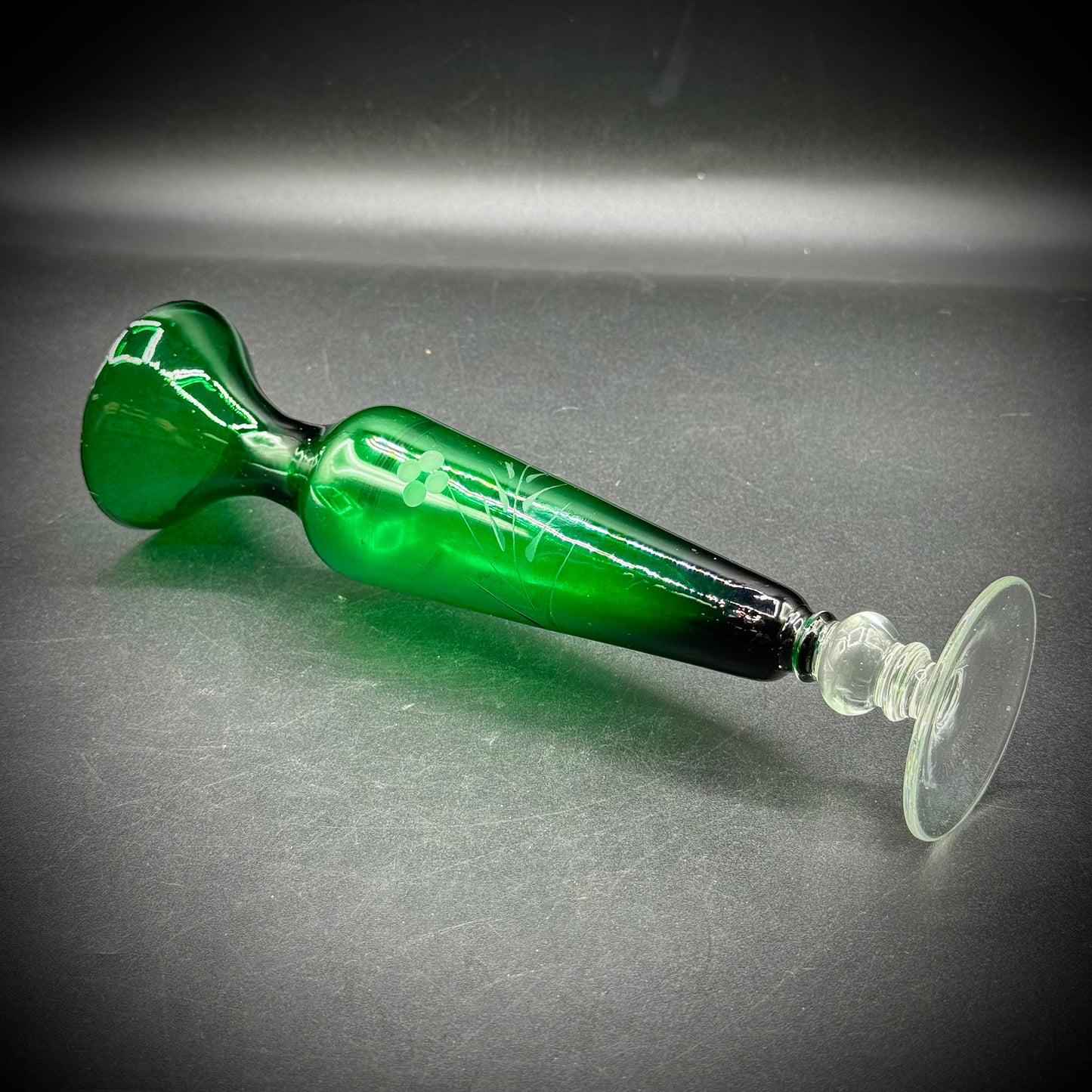 Vintage Emerald Green Etched Glass Vase