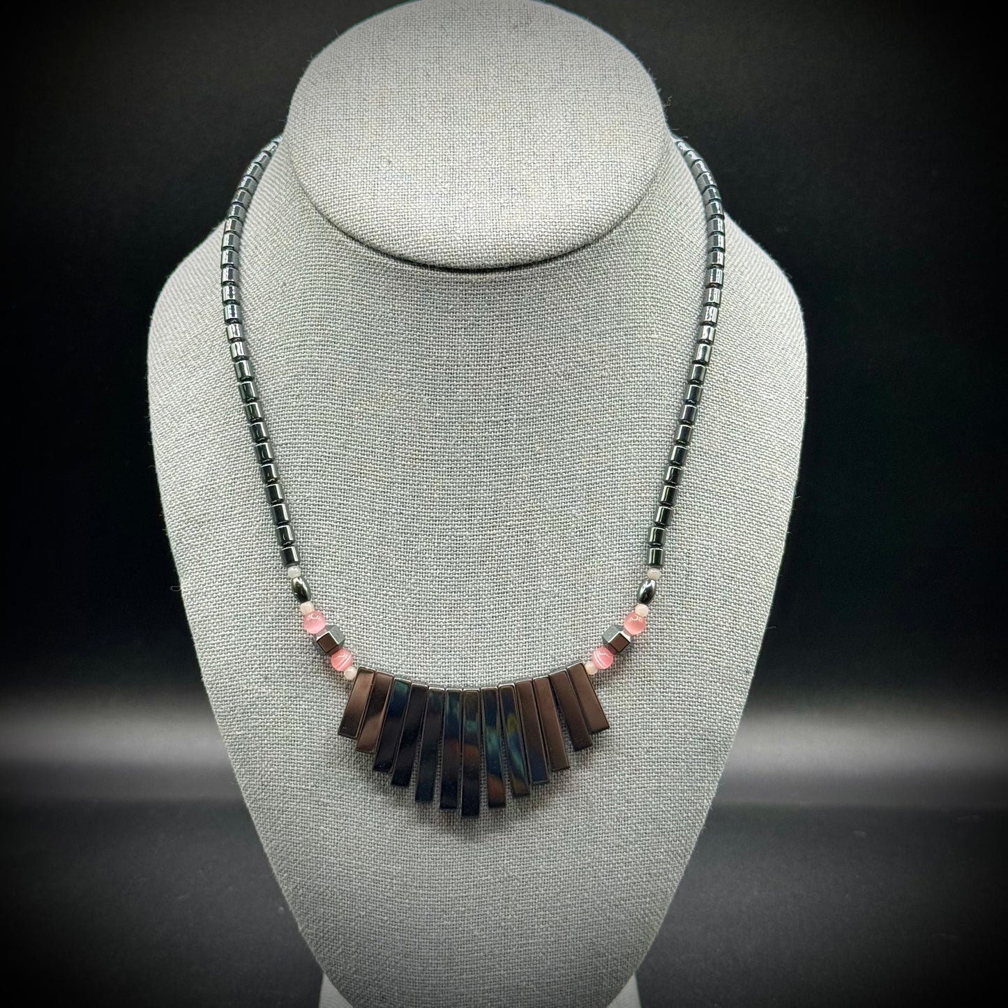 Vintage Hematite Necklace with Pink Cat's Eye Beads