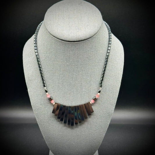 Vintage Hematite Necklace with Pink Cat's Eye Beads