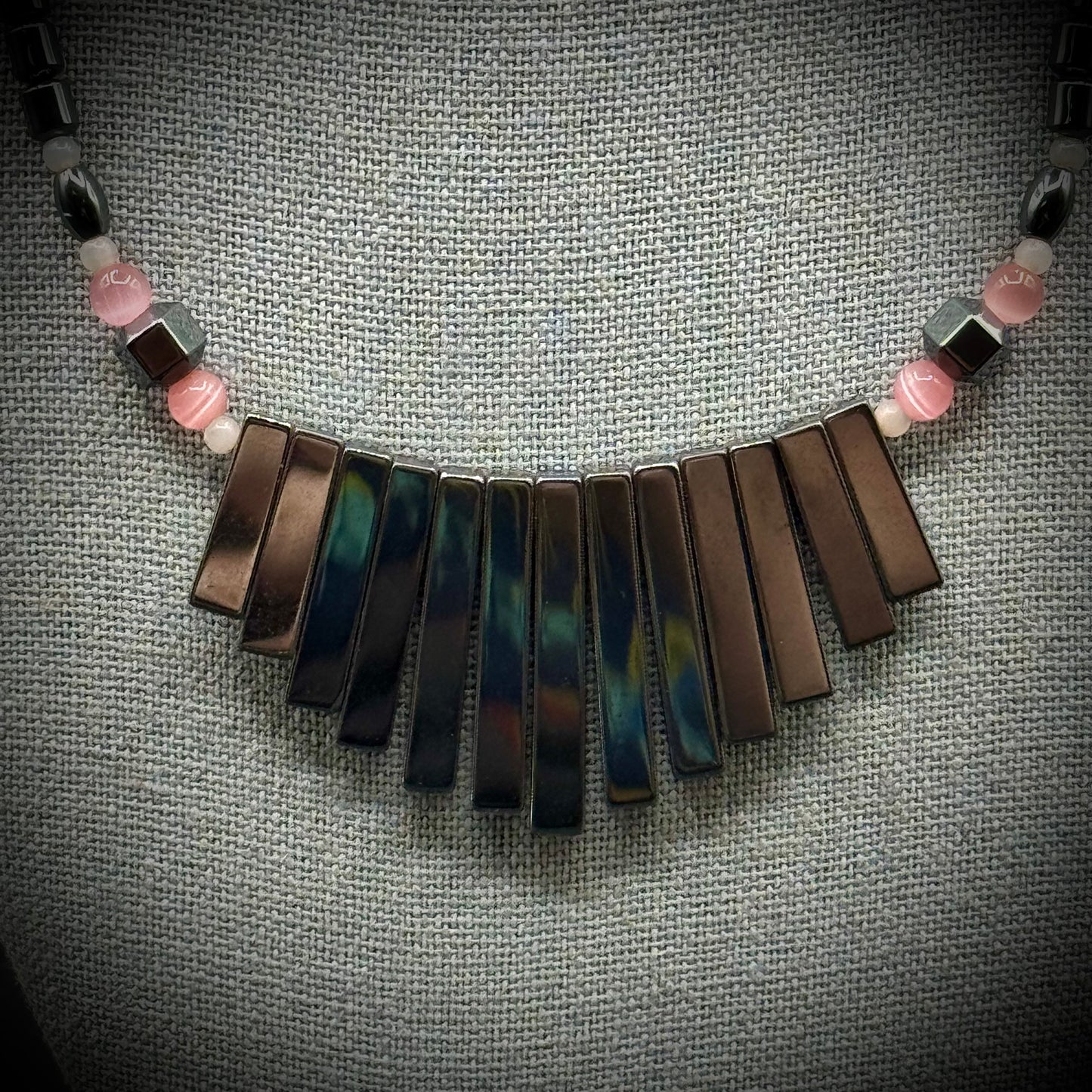 Vintage Hematite Necklace with Pink Cat's Eye Beads