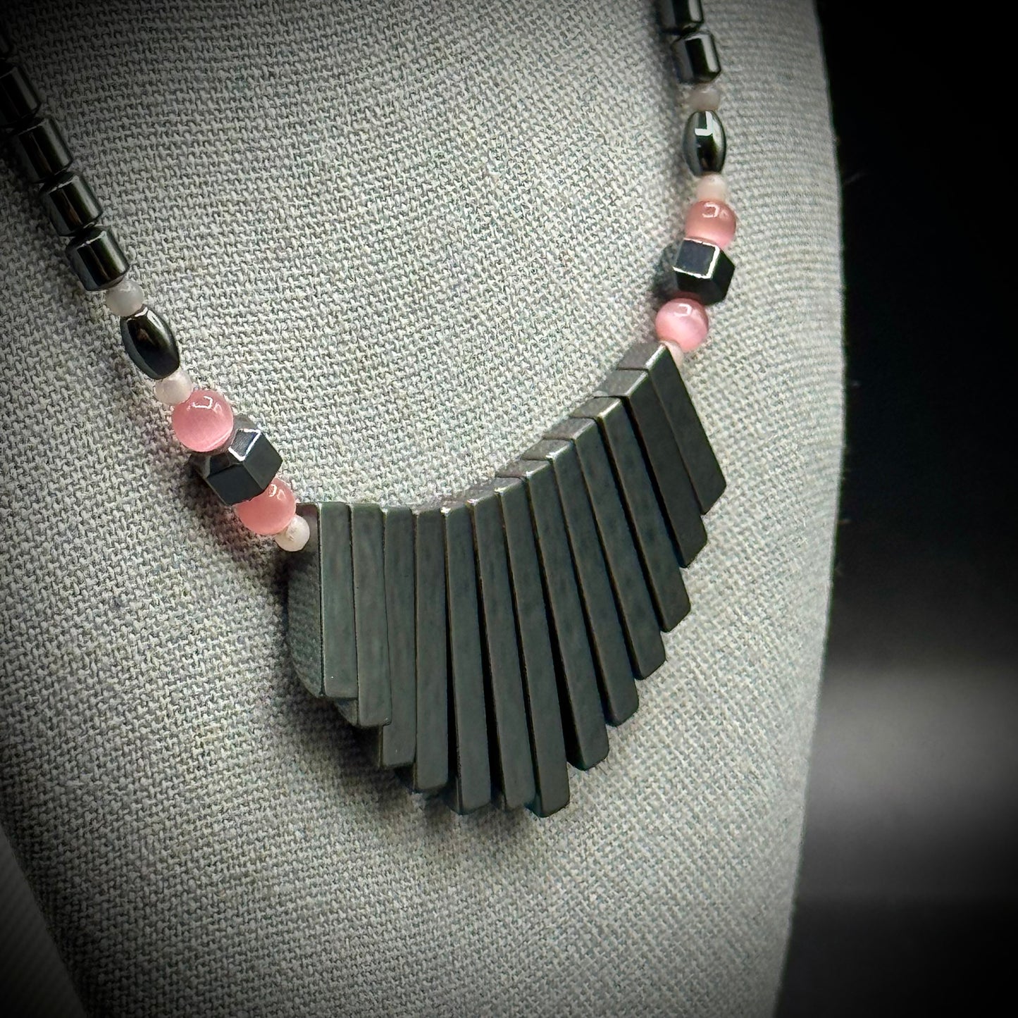 Vintage Hematite Necklace with Pink Cat's Eye Beads